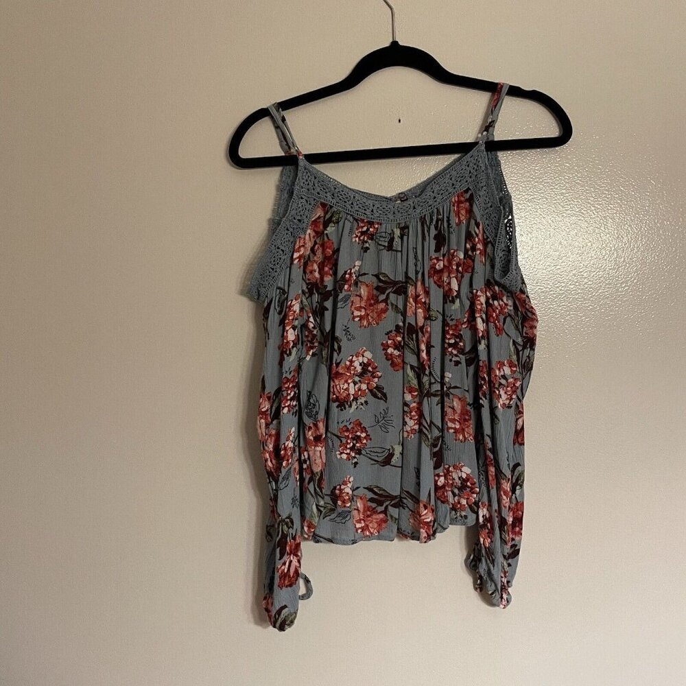 Abercrombie & Fitch Women S Blue Floral Long Sleeve Cold Shoulder Keyhole Blouse - Picture 10 of 10